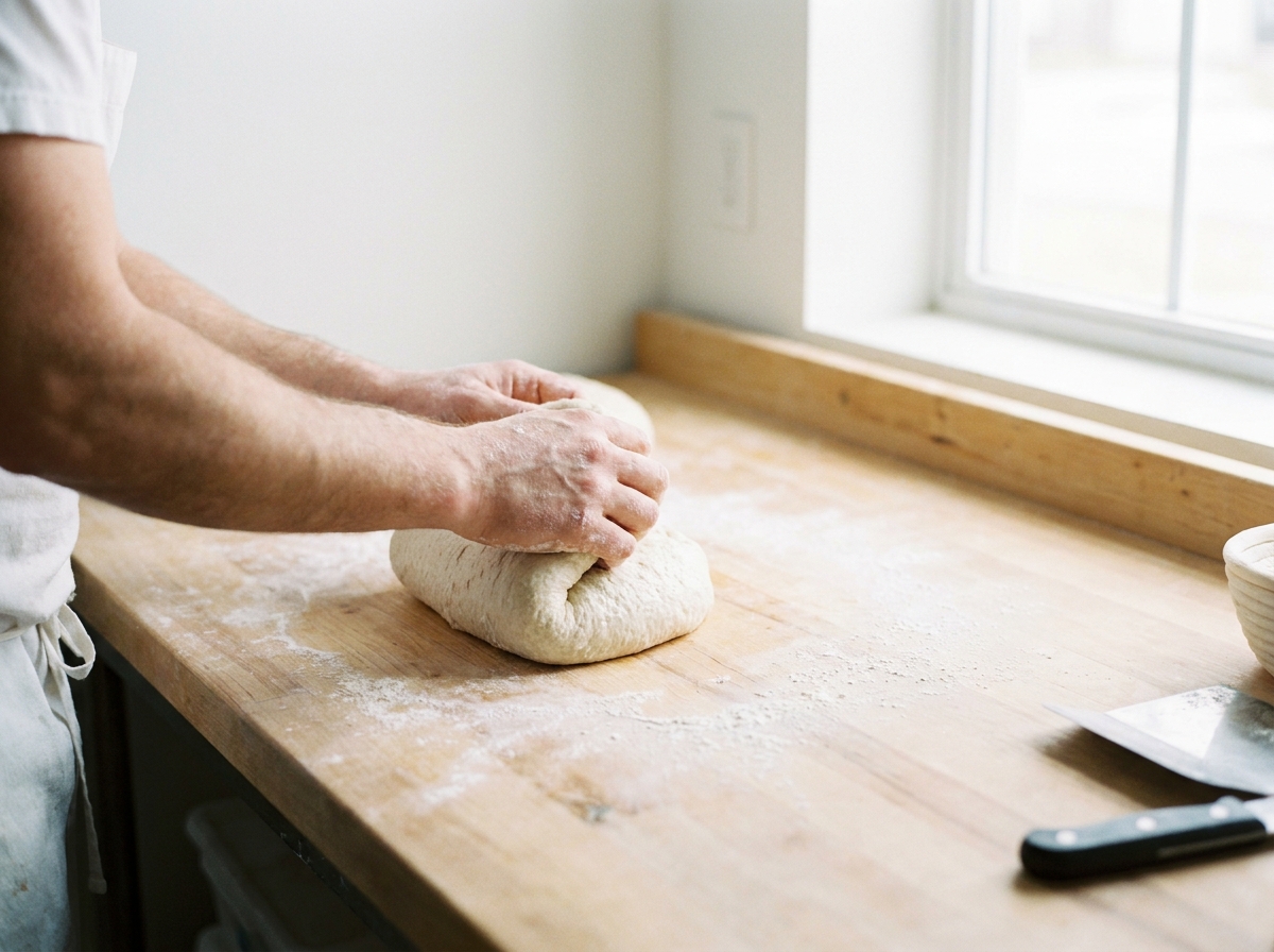 Mani infarinate che pieghano un impasto di pane sul banco di legno