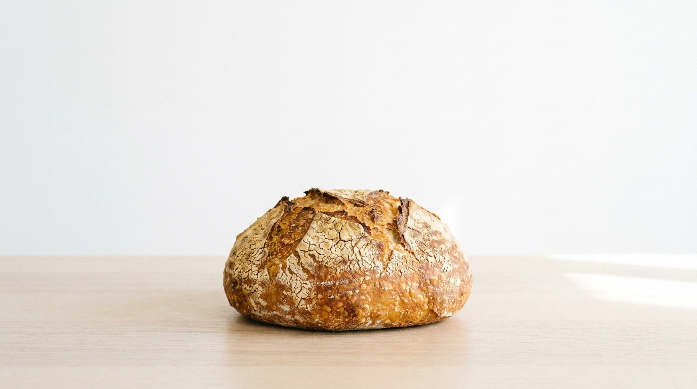 Pagnotta di pane a lievito madre appena sfornata su un tavolo chiaro